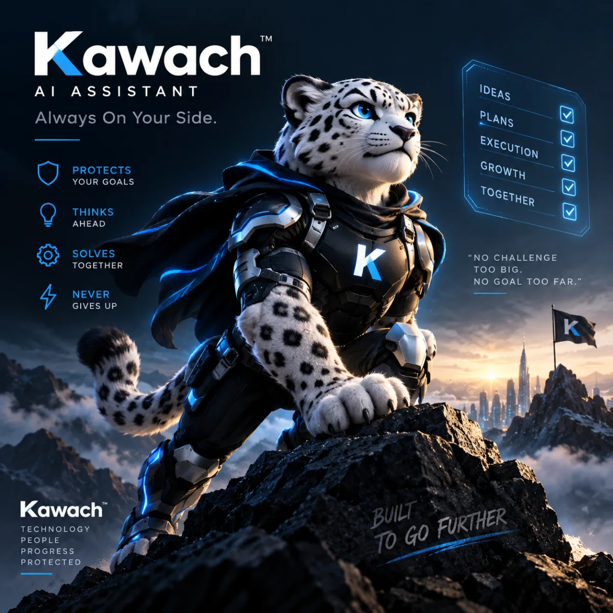 The Kawach Guardian on a mountain summit at dusk, looking toward a city and a flag, with the line Built to go further